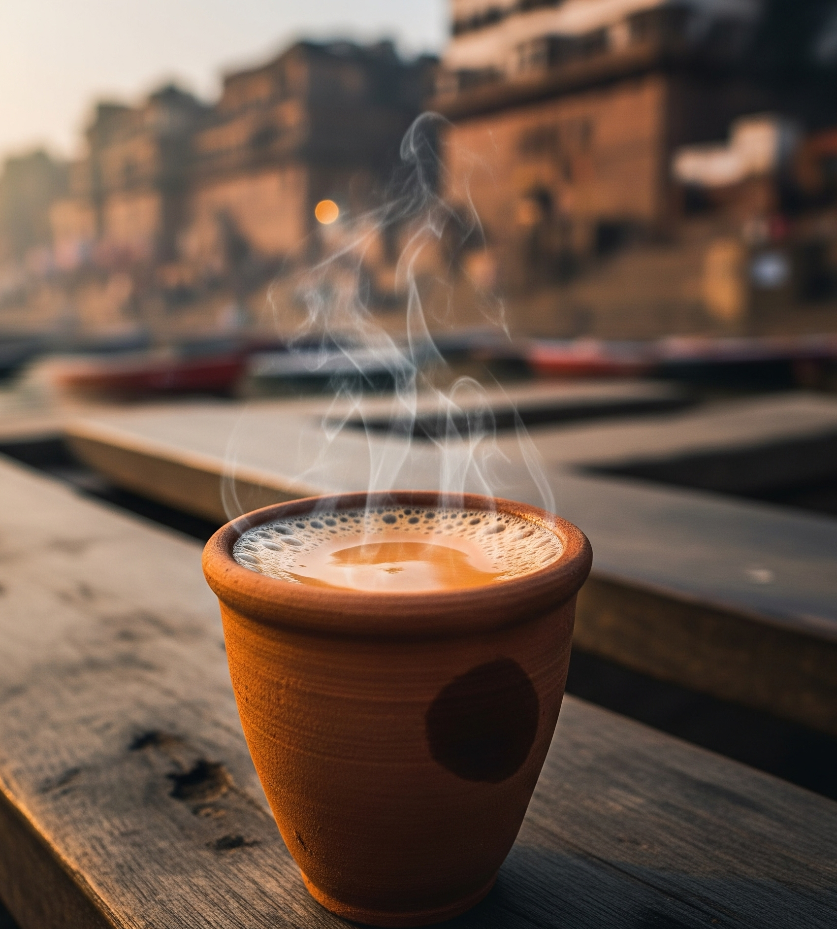 A traditional clay cup filled with steaming chai placed on a rustic wooden surface, with soft natural light highlighting the warmth and inviting atmosphere of a tea shop in Varanasi